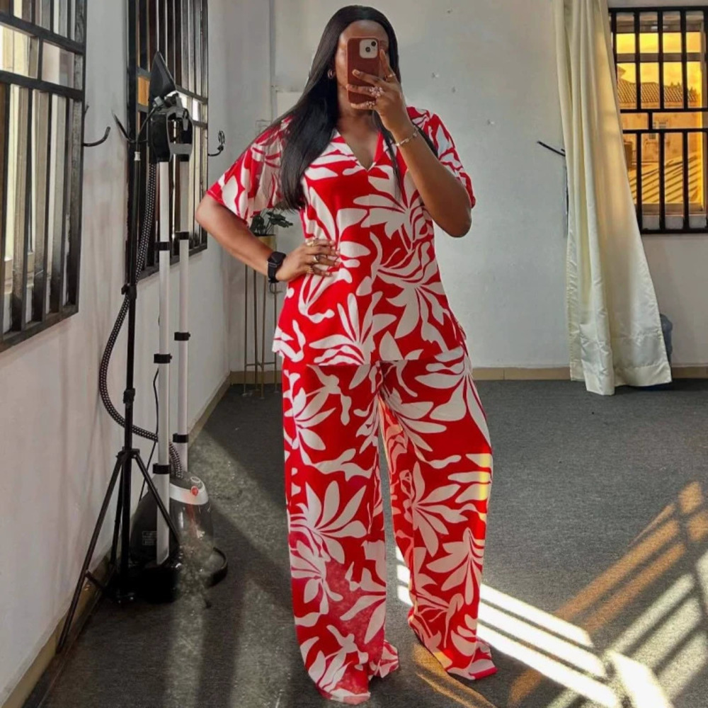 ZARA Plus Size Printed Collared Casual Shirt Wide Leg Pants African 2 Piece Set